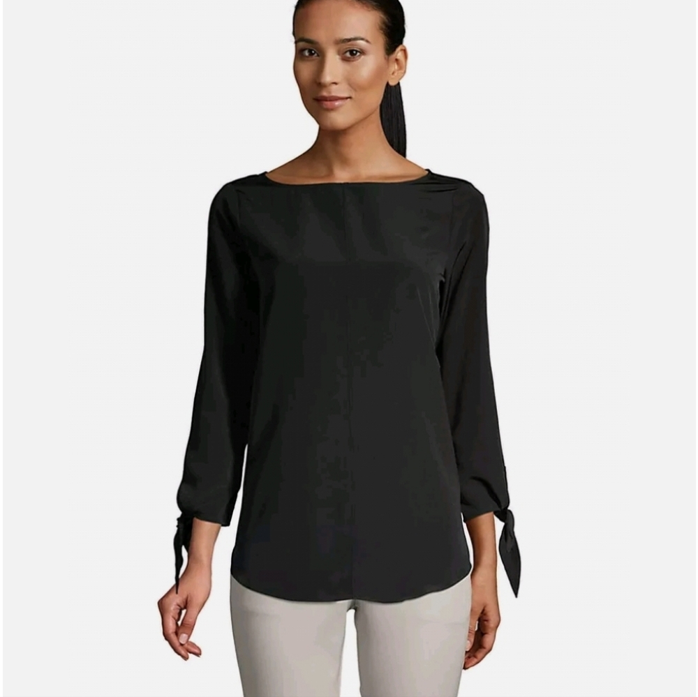 Lands' End Women's Popover Blouse Black Size 10 Solid Bracelet Tie Sleev…
